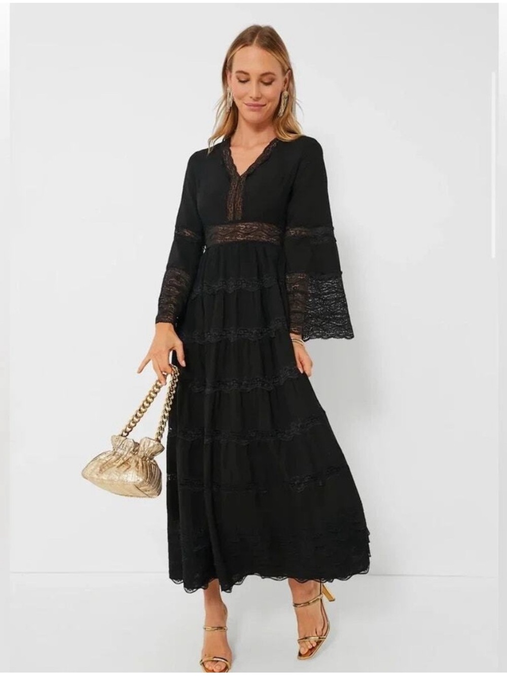 Tuckernuck Hyacinth House Black Lace Tiered Maxi Dress, Size XS